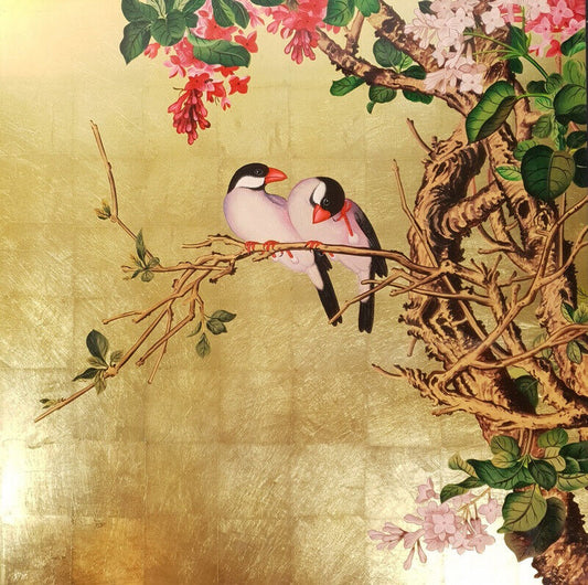 Tableau Bois Laque Vietnam Oiseaux Bird Feuille Or painting lacquerware gold T51
