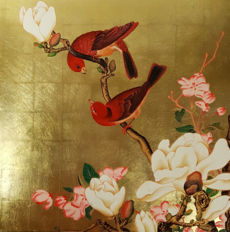 Tableau Bois Laque Vietnam Oiseaux Bird Feuille Or painting lacquer gold T11