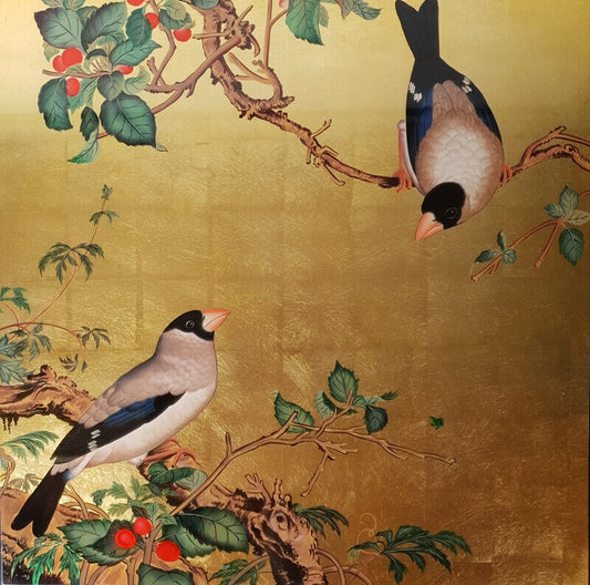 Tableau Bois Laque Vietnam Oiseaux Bird Feuille Or painting lacquerware gold T91